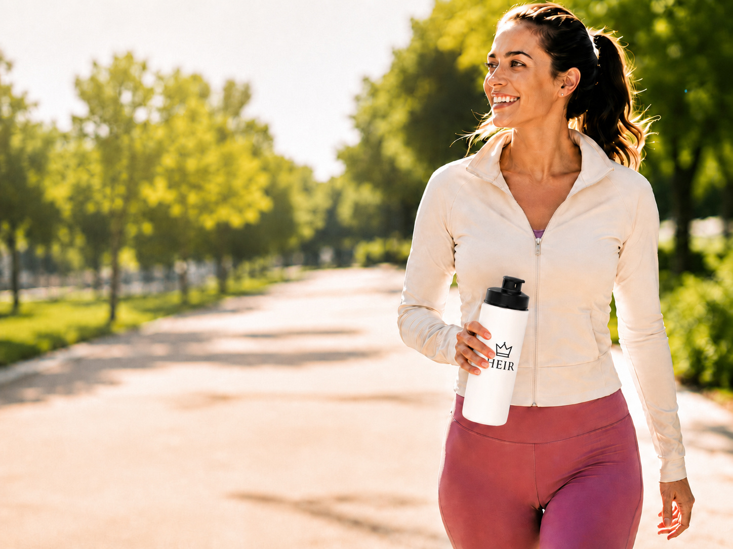 A woman walking outdoors on a tree-lined path carrying a Heir water bottle