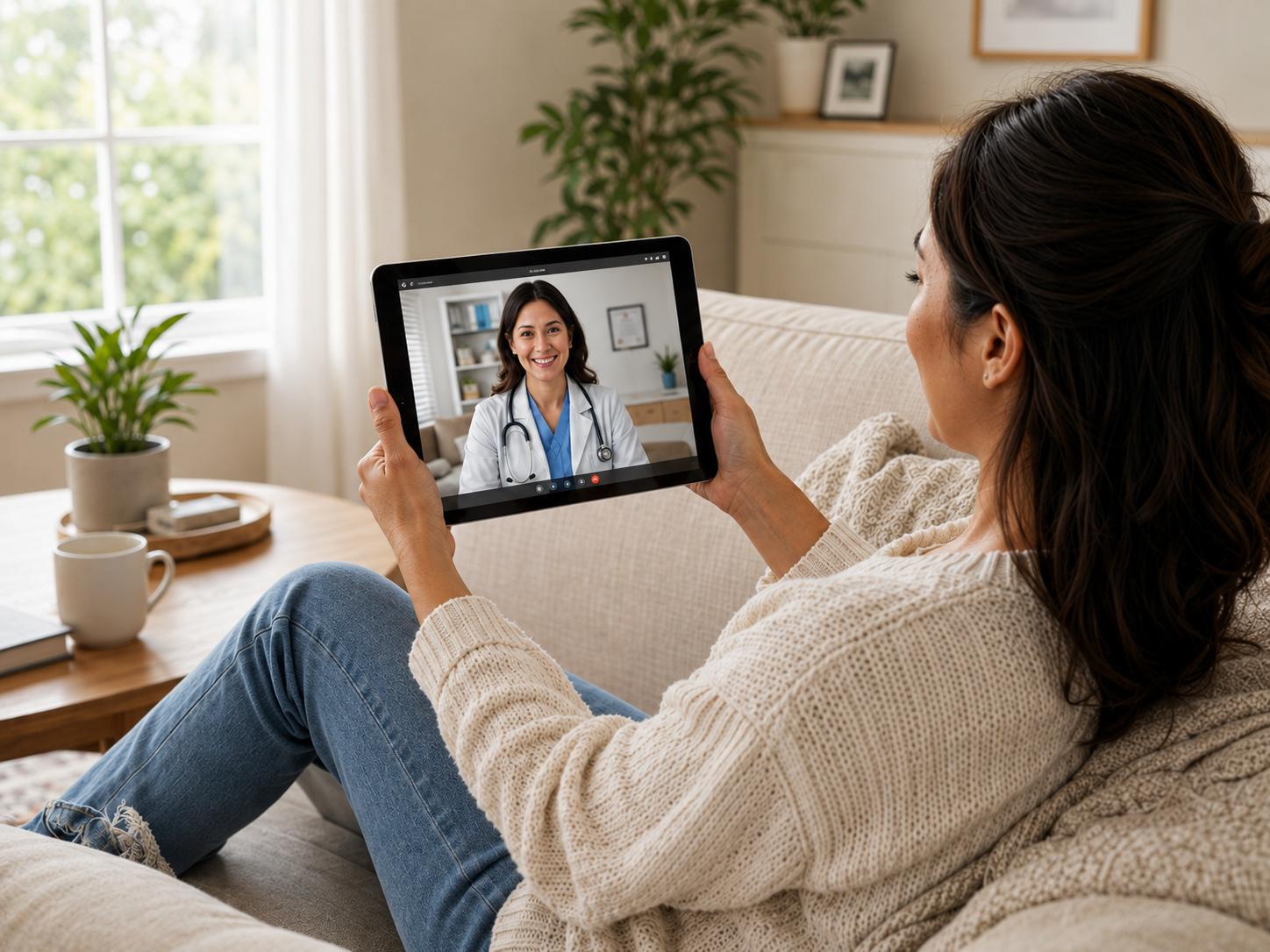 A woman on her couch at home speaking with a provider over a video call on her tablet