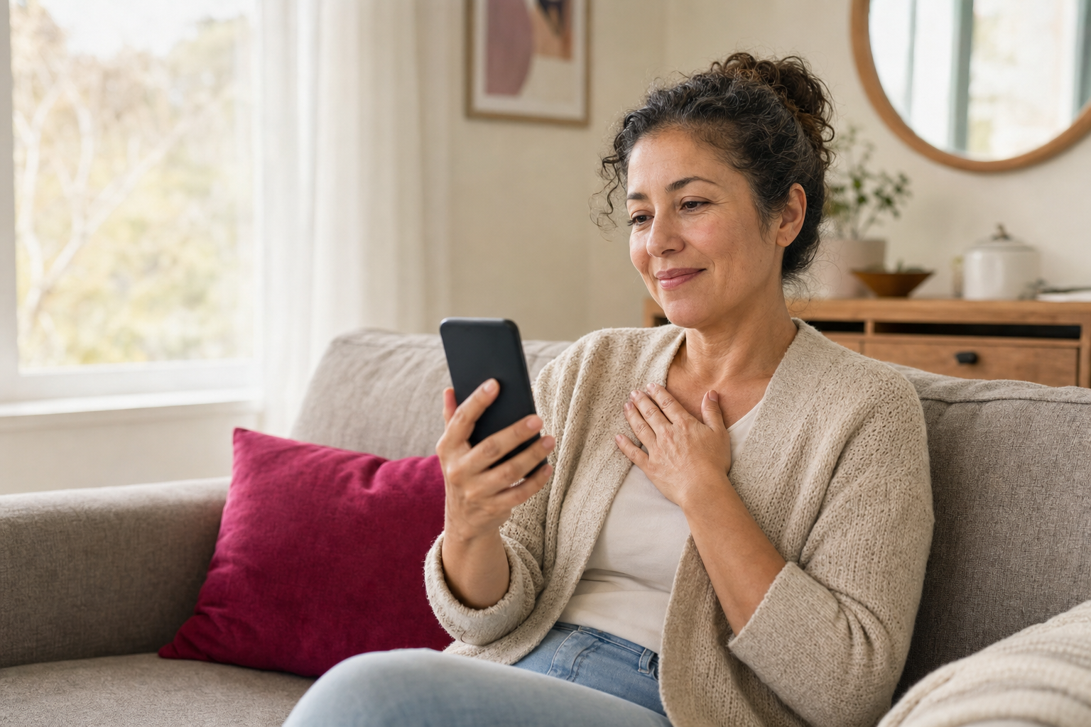 A woman sitting on her couch at home looking at her phone